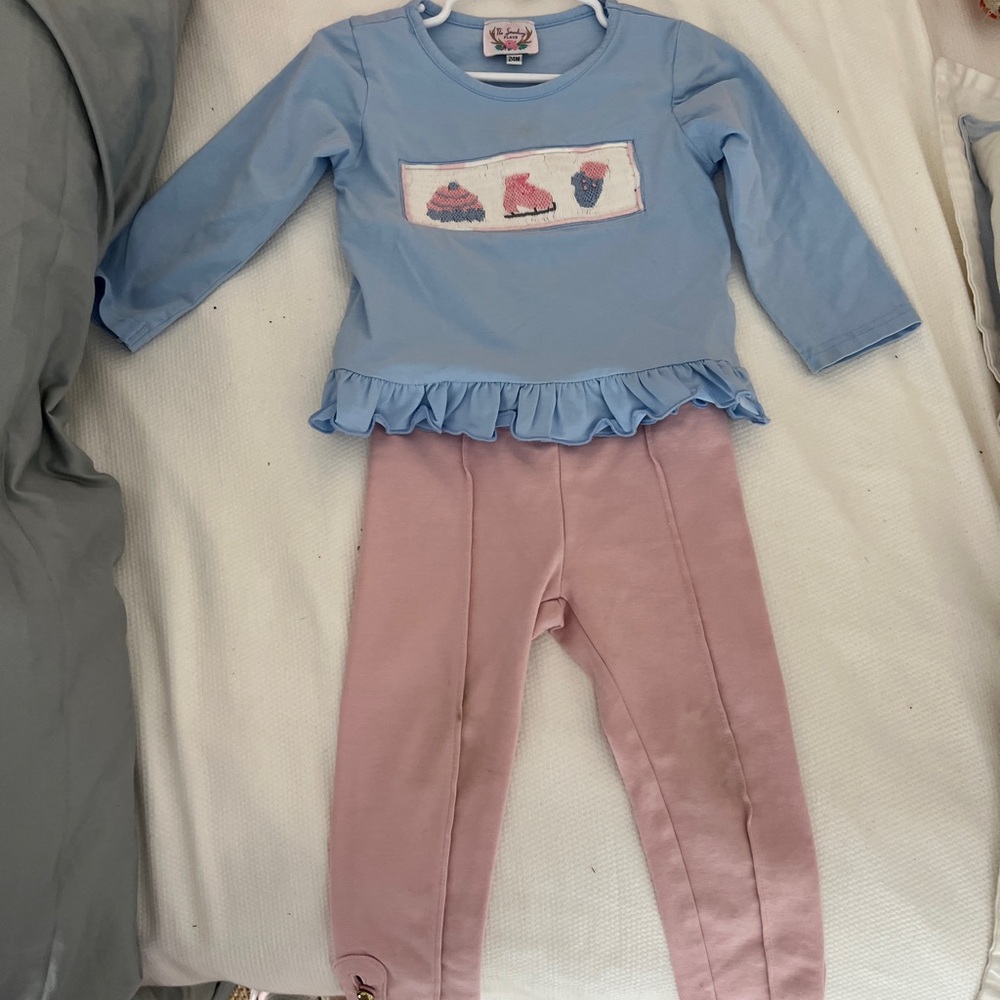 2T set The smocking place Blue Top and Janie and jack Pink Legging Matching Set
